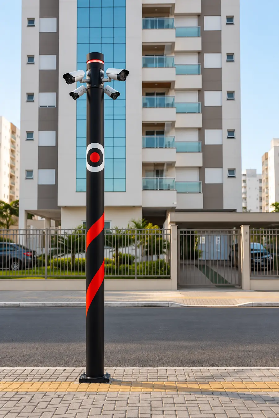 Torre Inteligente SOS instalada em frente a um condomínio